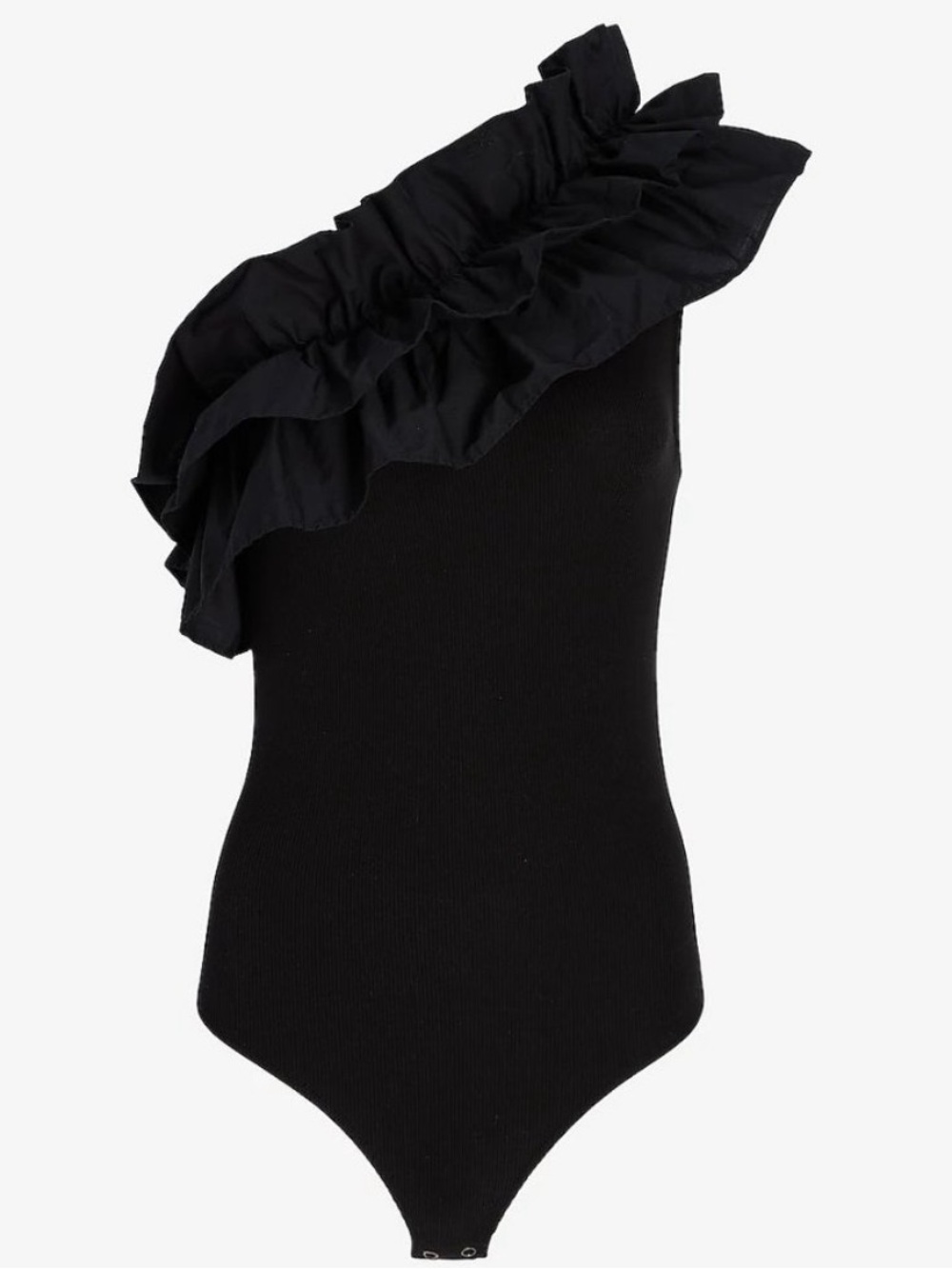 Express Black One-Shoulder Poplin Ruffle Ribbed Bodysuit S - Picture 5 of 8